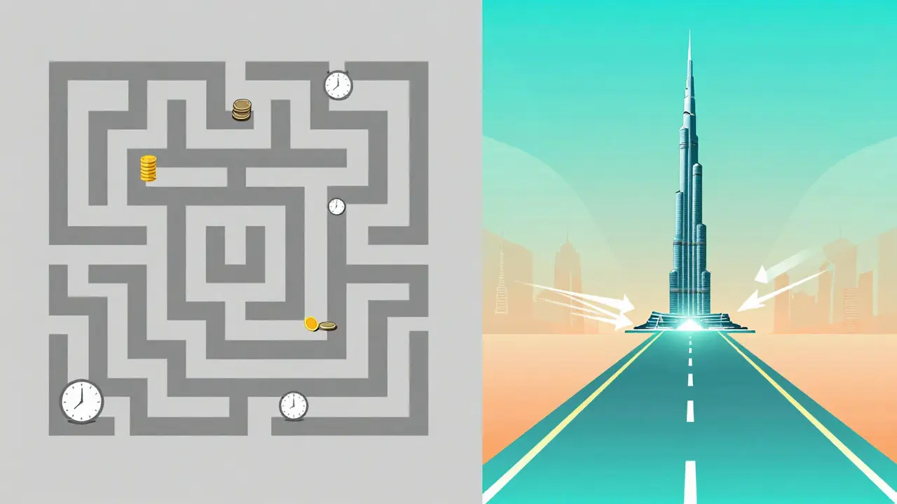 Conceptual art showing smooth financial flows replacing bureaucratic mazes in UAE