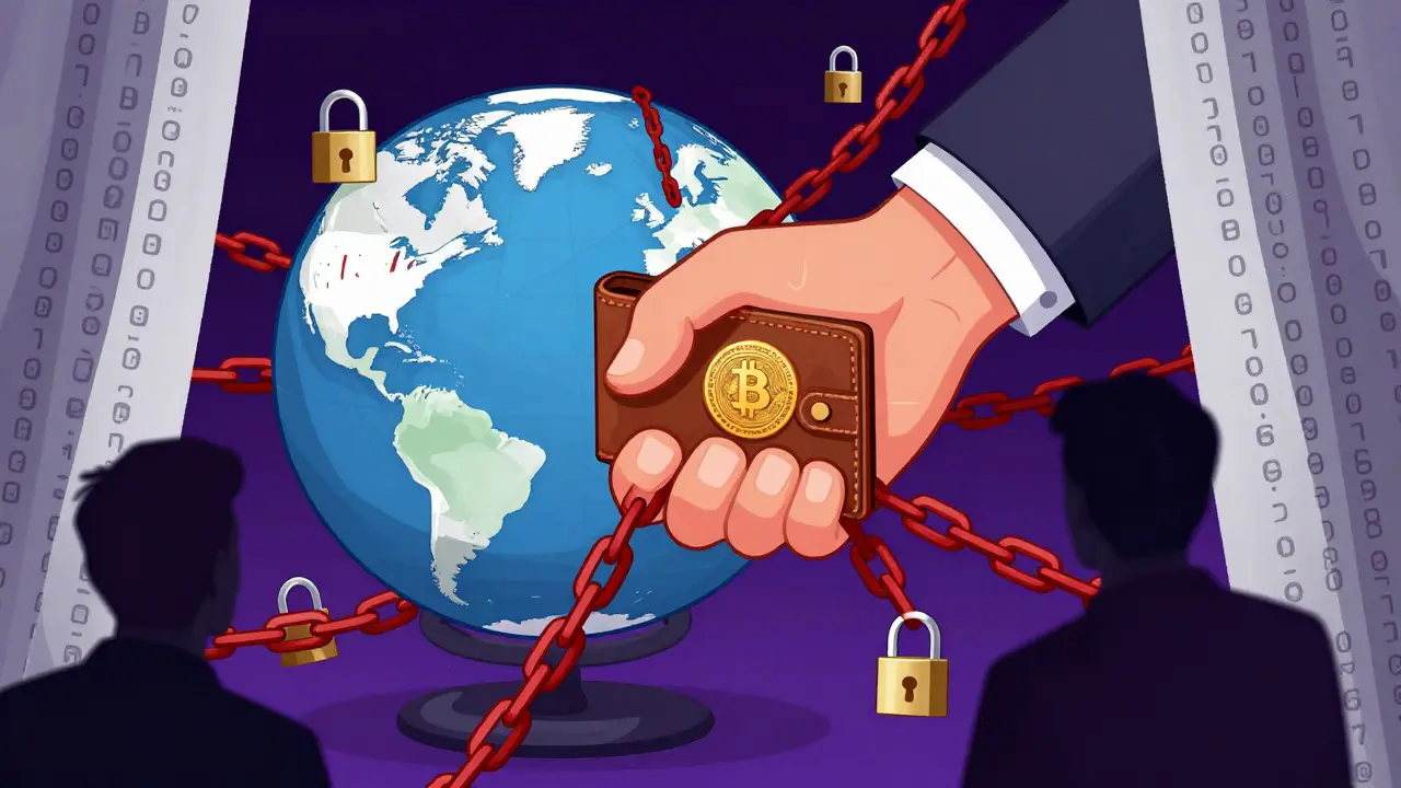 Editorial art depicting sanctions and frozen funds in Iranian crypto
