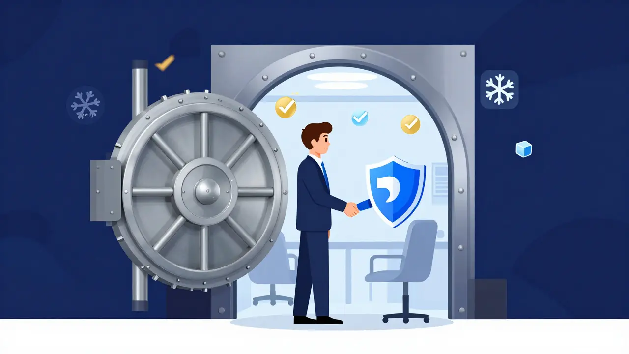 Editorial art illustrating institutional investors entering DeFi through secure, compliant vault-like infrastructure.