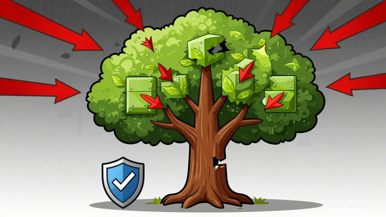 Editorial art showing a Merkle tree resisting tampering attacks securely.