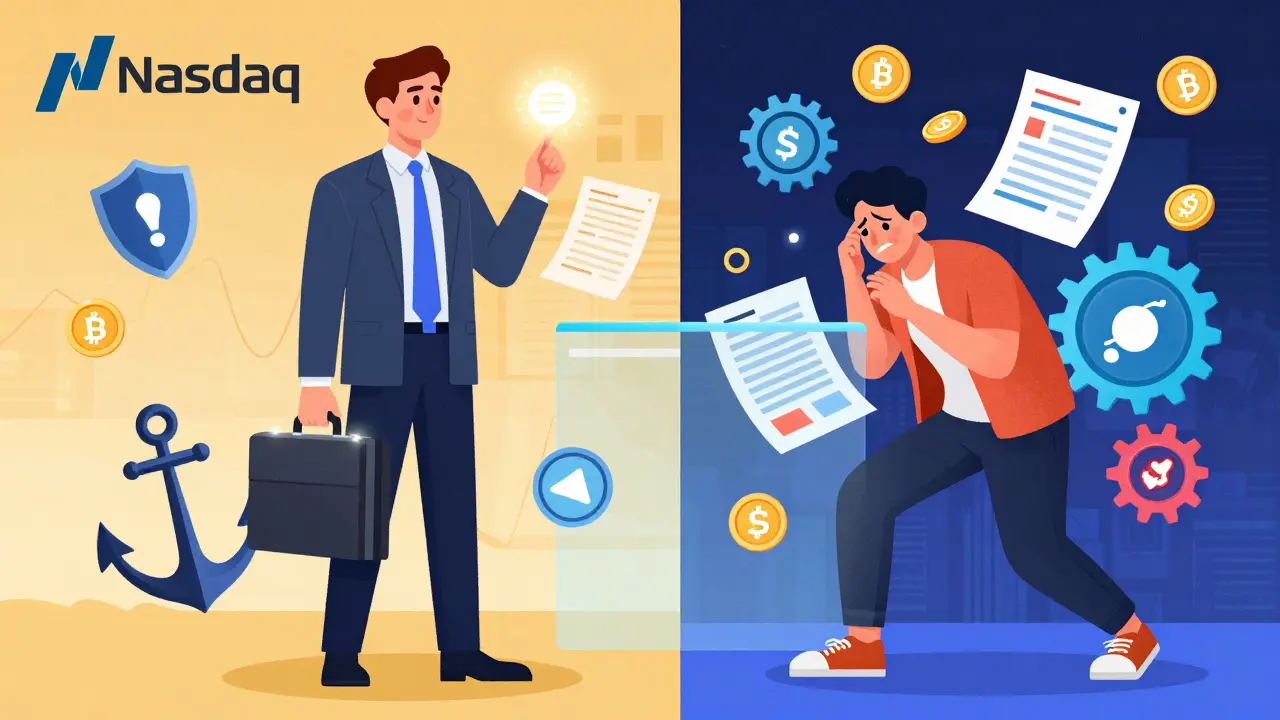 Editorial cartoon contrasting calm institutional investors with stressed crypto day traders