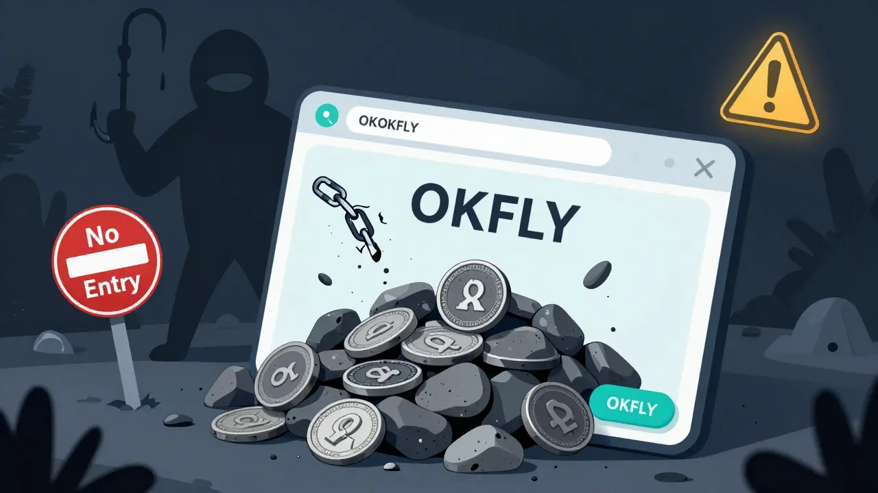 Editorial cartoon of a digital wallet full of dusty, worthless OKFLY tokens with warning signs.