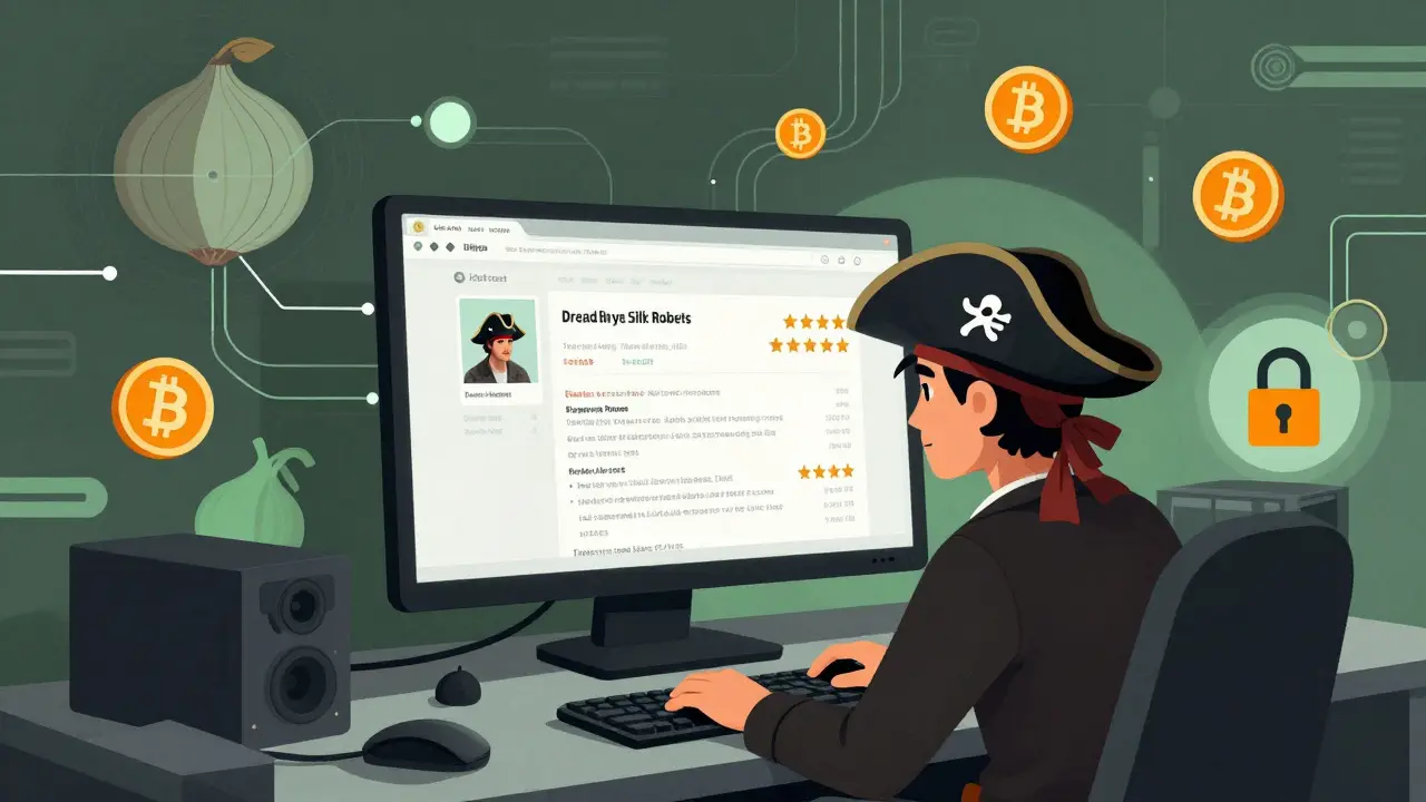 Editorial cartoon of Silk Road founder managing escrow and ratings on a hidden web interface.