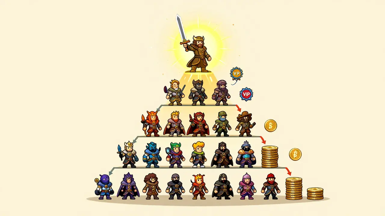 Editorial cartoon showing a pyramid of tiered game rewards with legendary characters at the top.