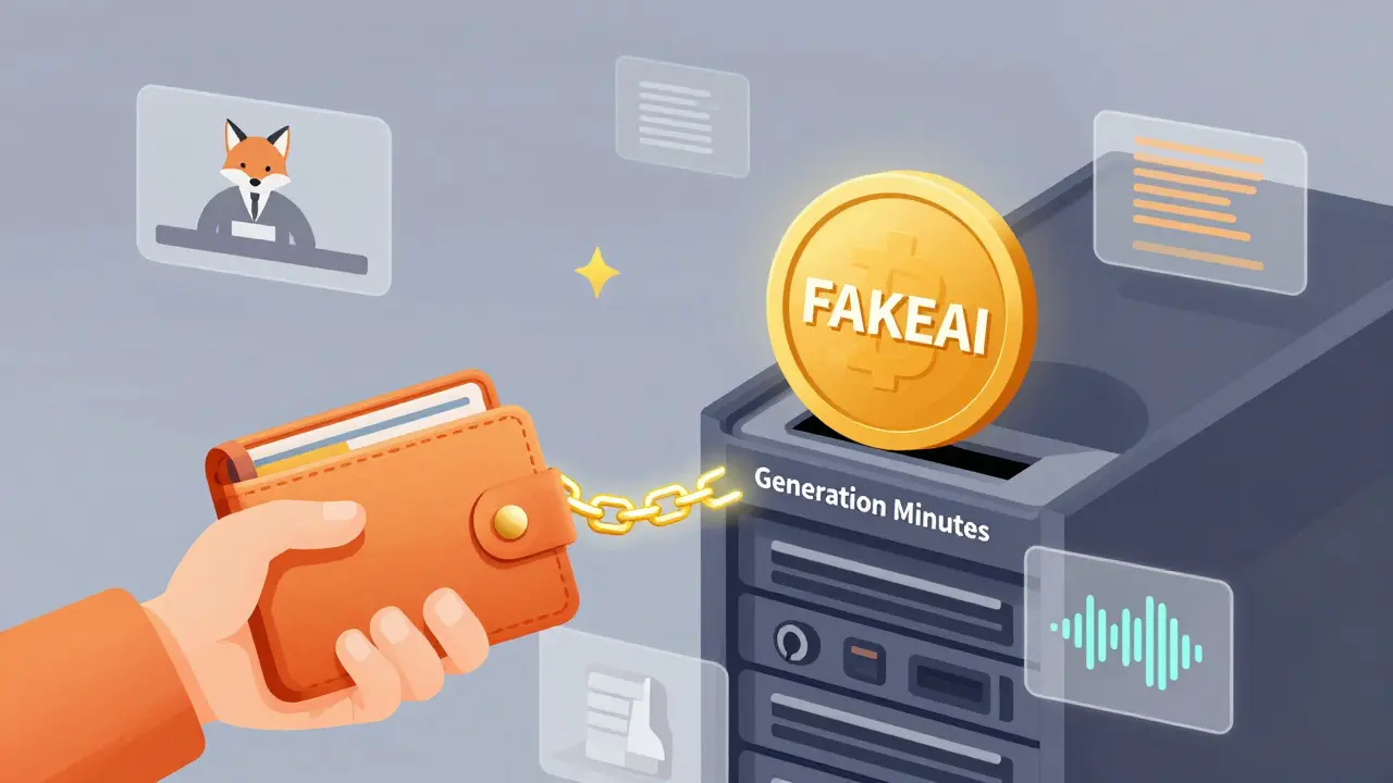 Editorial cartoon showing crypto wallet swapping tokens for AI generation minutes.