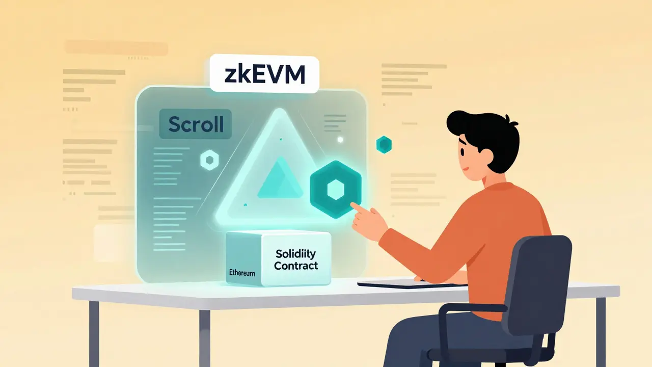 Editorial cartoon showing seamless smart contract migration to Scroll