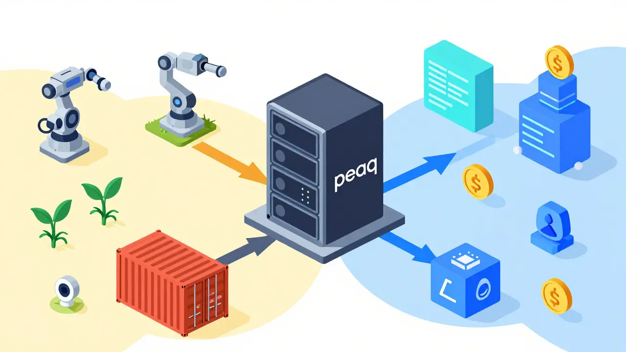 Editorial illustration showing peaq blockchain bridging physical IoT devices and digital assets.
