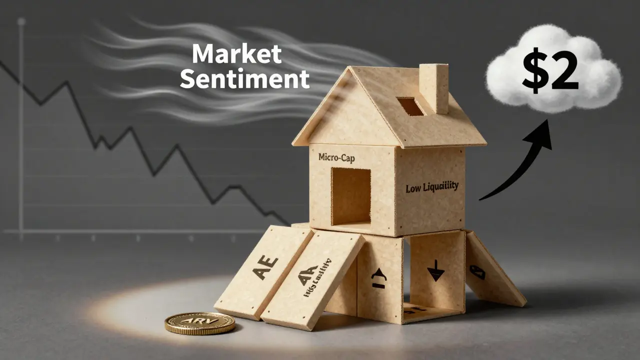 Fragile house of cards representing risky micro-cap crypto