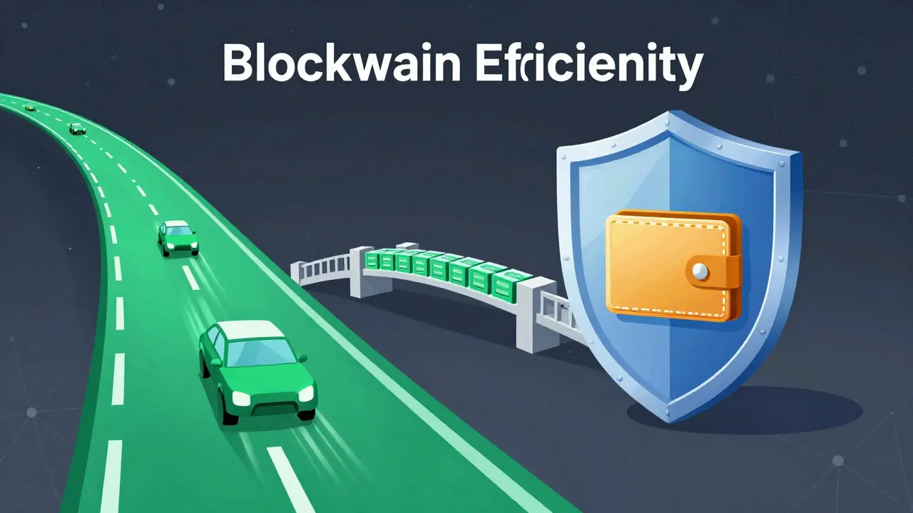 Green highway and shield illustrating fast, secure blockchain transactions.