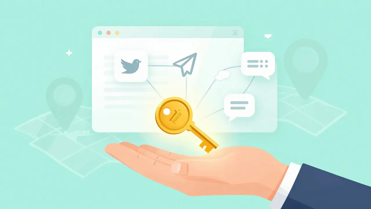 Hand receiving a golden key linked to social media icons for a crypto airdrop.