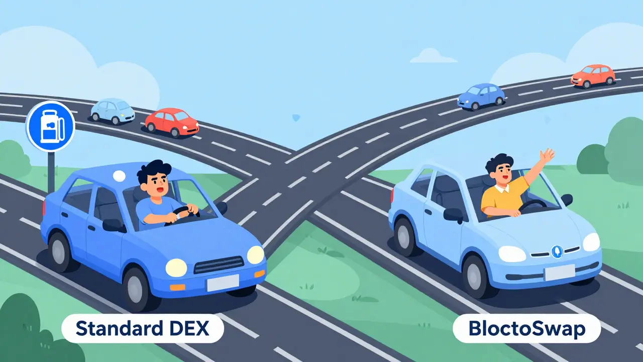 Illustration comparing manual DEX driving to easy BloctoSwap cross-chain ride