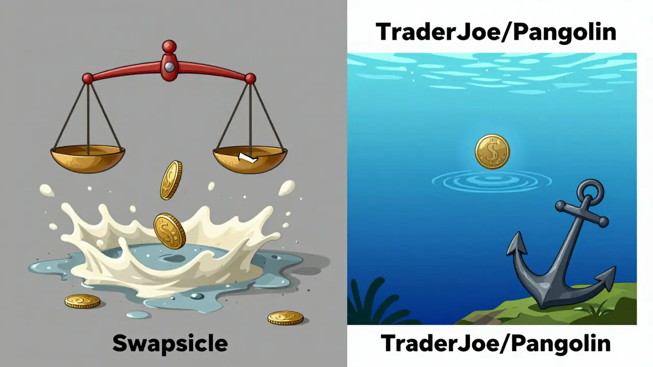Illustration comparing shallow Swapsicle pool causing slippage vs deep liquid rival DEXs.