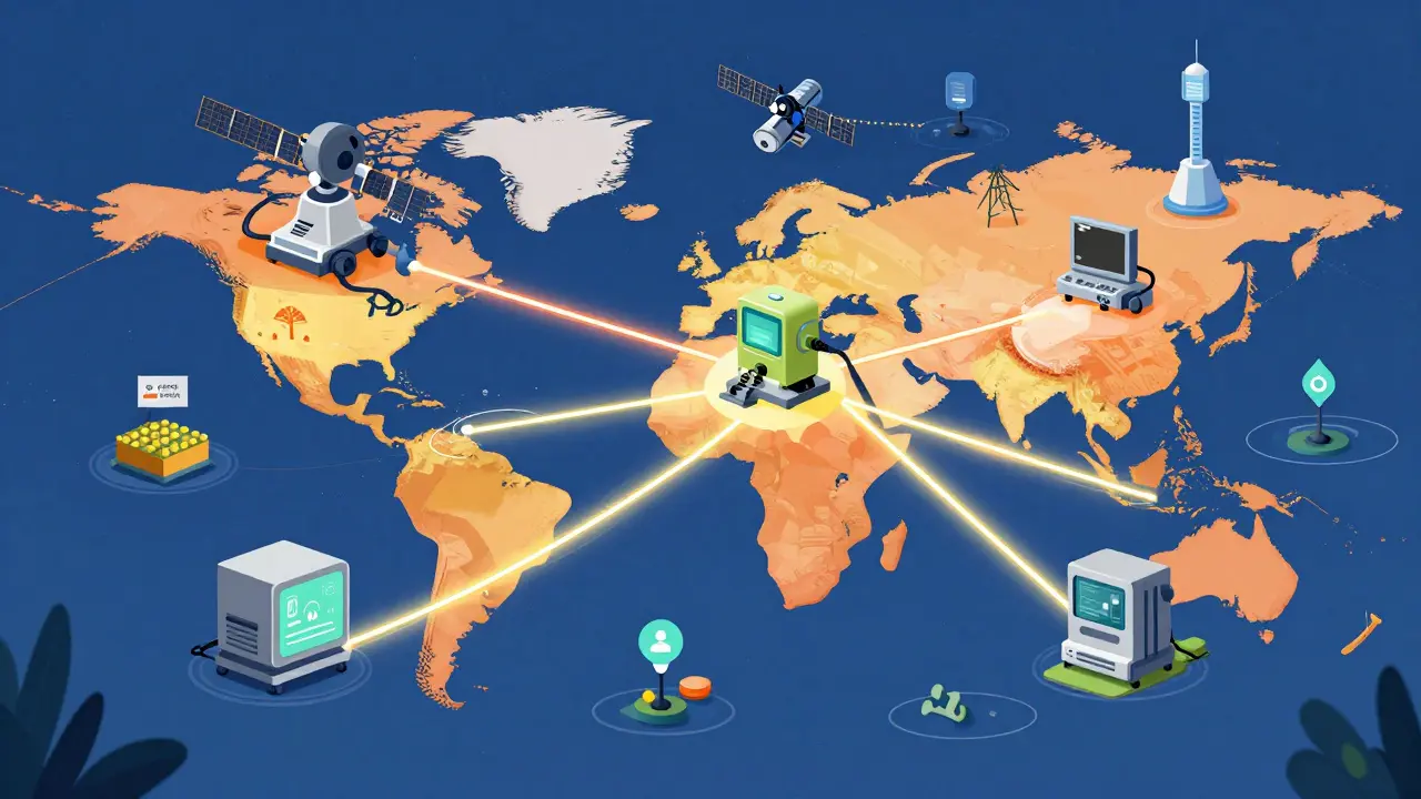 Illustration of a global network of connected machines and sensors on the peaq platform.