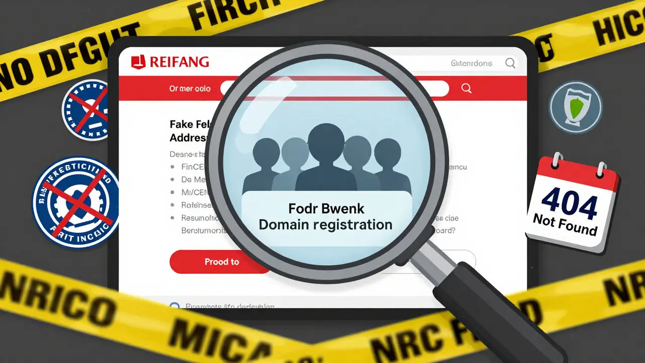 Illustration of a magnifying glass revealing red flags on a scam website.