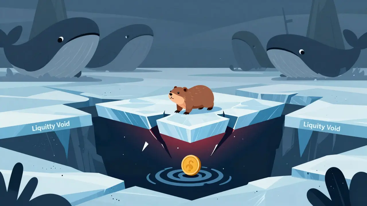 Illustration of a marmot on cracking ice representing low liquidity and high risk in crypto.