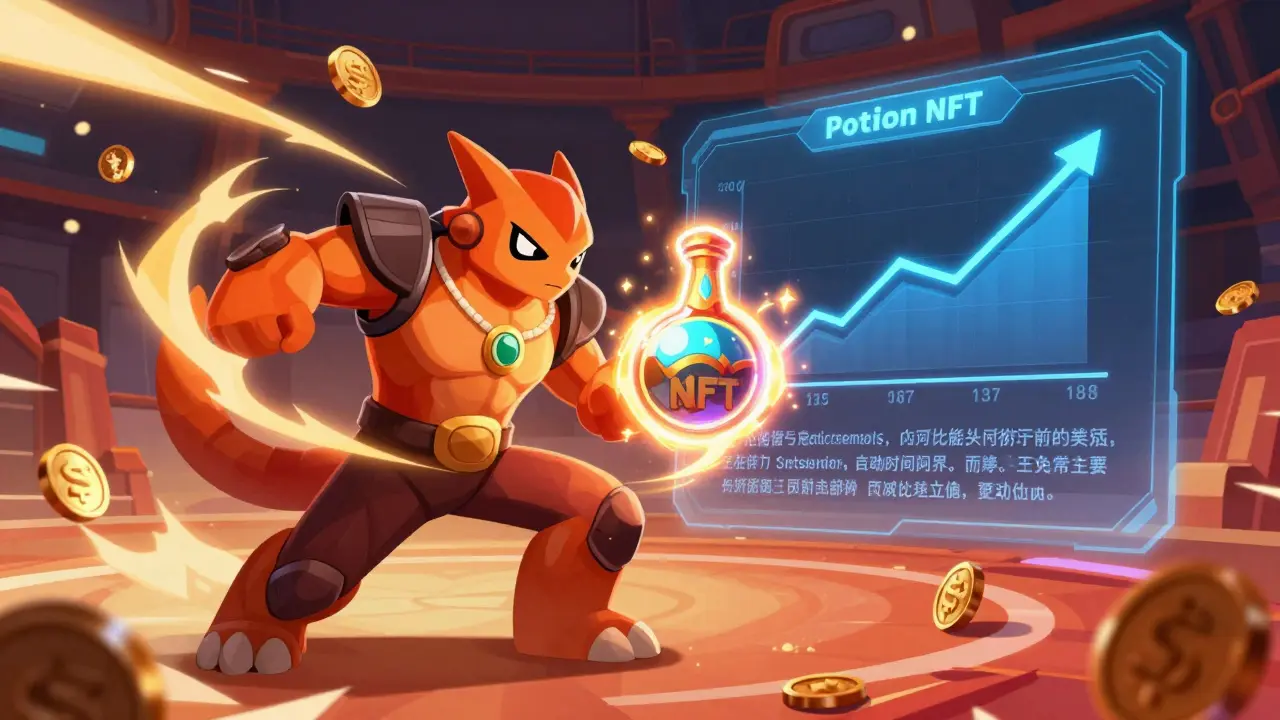 Illustration of a Metamon character using a Potion NFT power-up during an intense blockchain game battle.