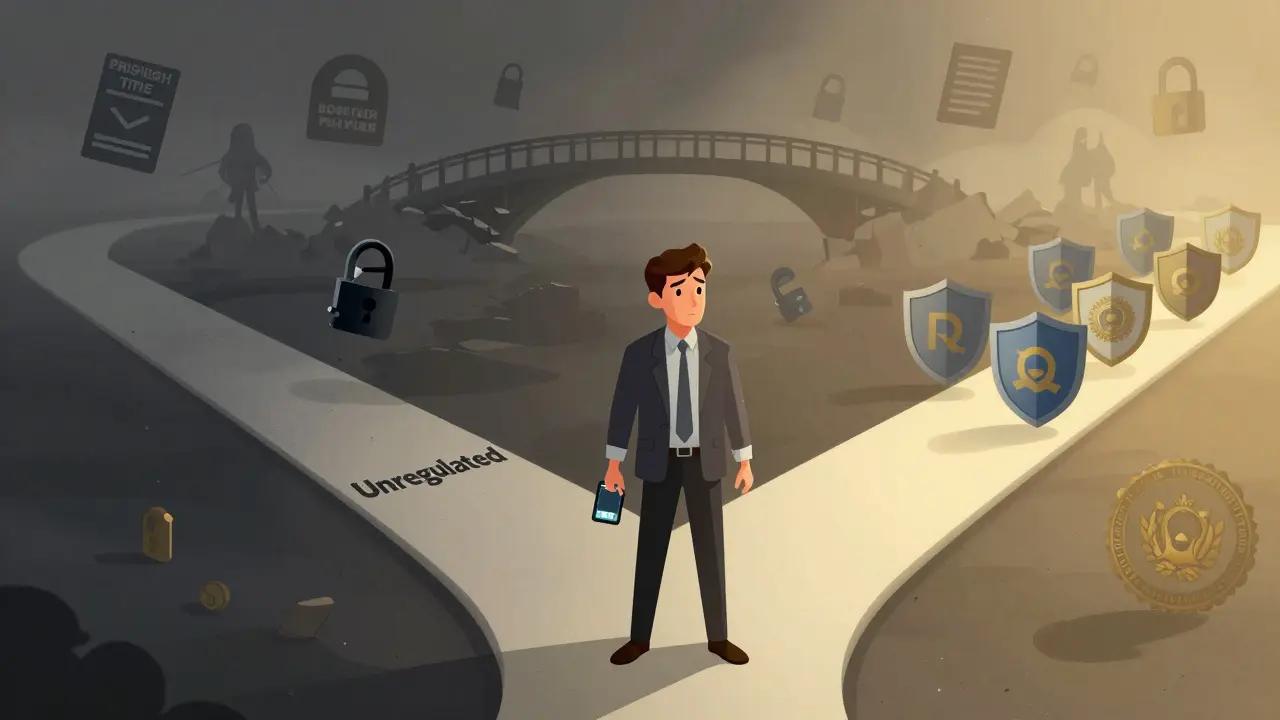 Illustration of a trader choosing between risky unregulated platforms and safe options.