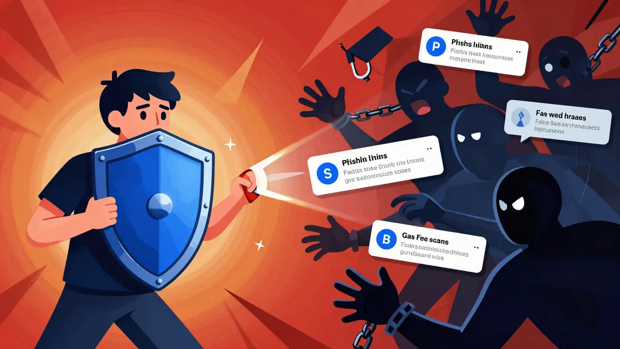 Illustration of crypto user protecting wallet from scams