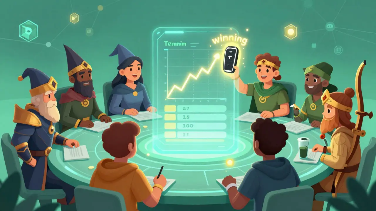 Illustration of gamers voting in a DAO system with a glowing Tesla key prize in the center.