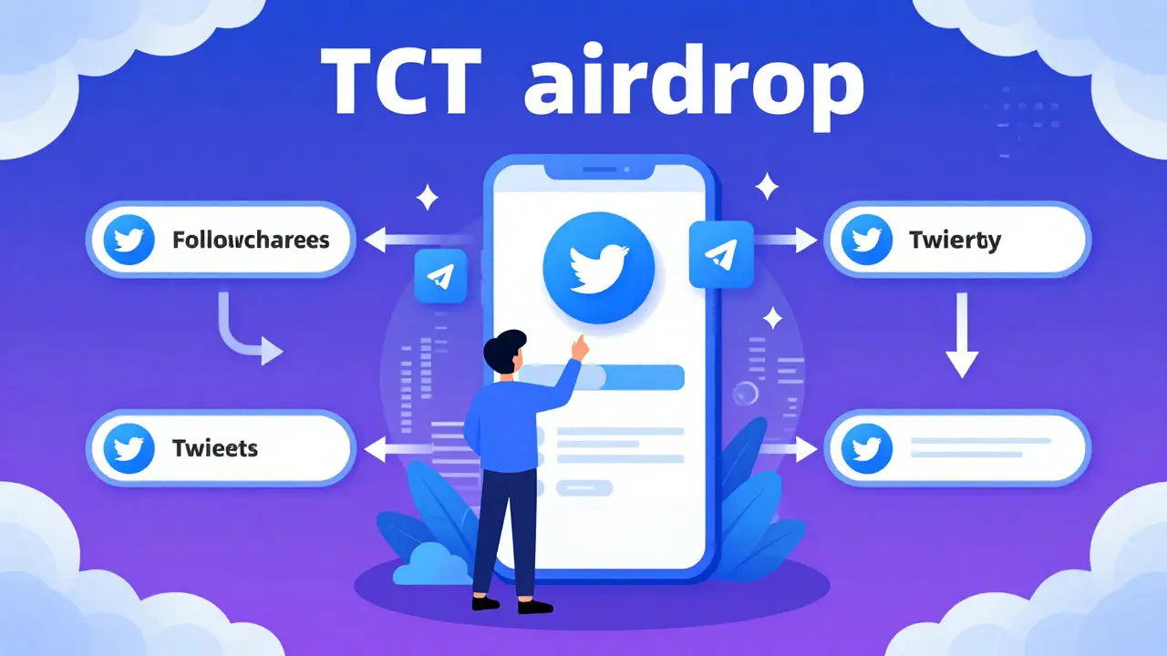 Illustration of user completing social media tasks for crypto airdrop