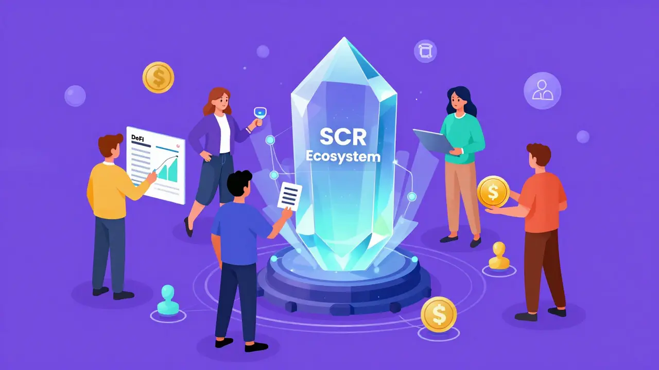 Illustration of users engaging with SCR token governance and rewards