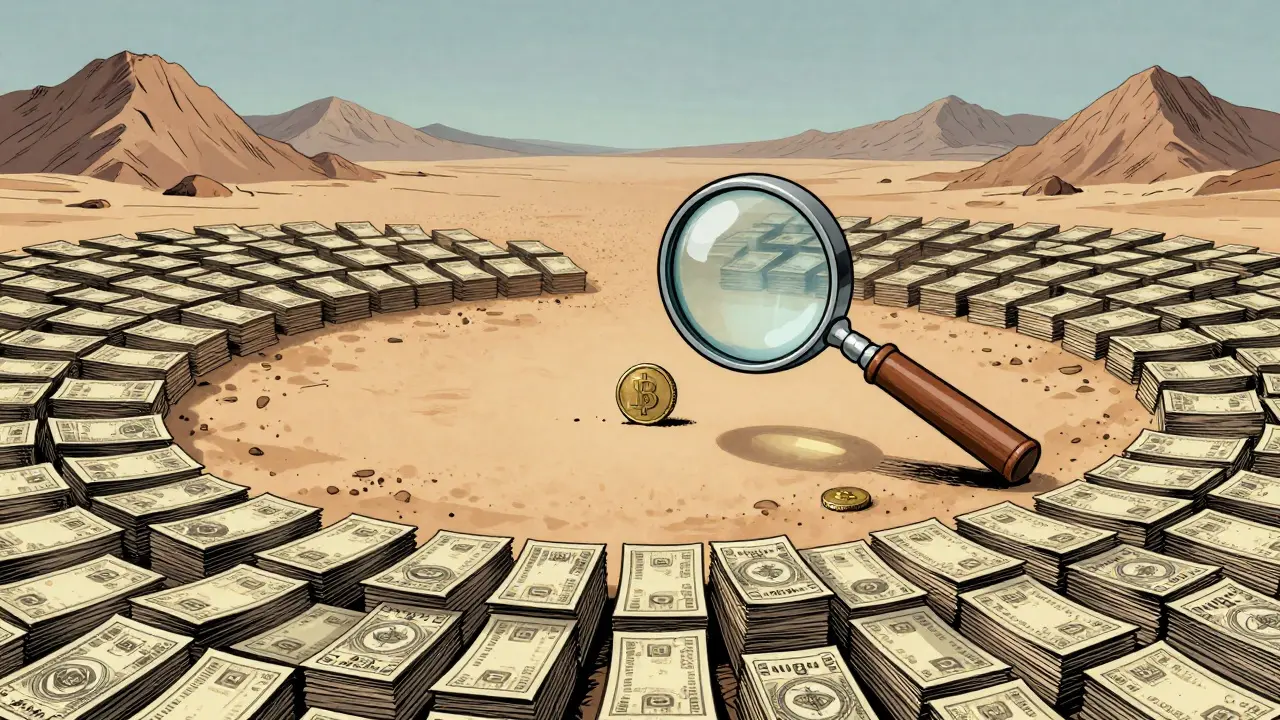 Illustration showing a tiny valuable coin amidst mountains of worthless tokens, symbolizing supply inflation.