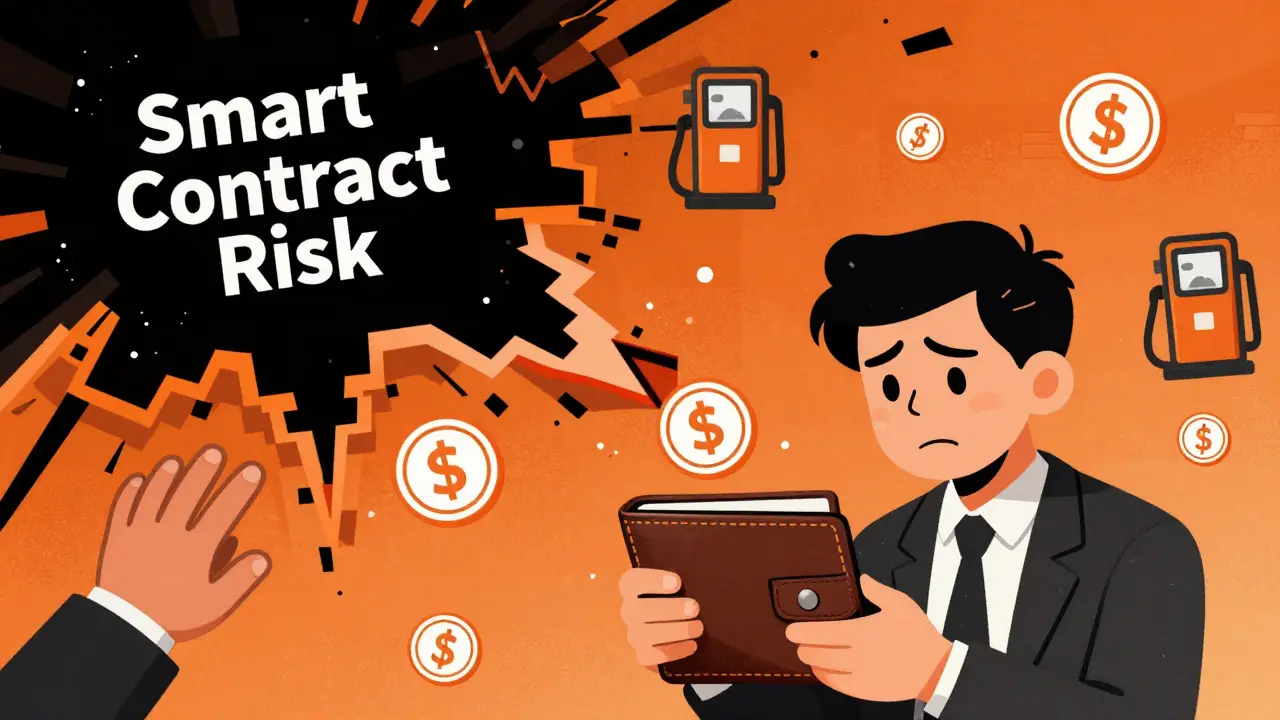 Illustration showing investor losing funds to smart contract risks and fees.