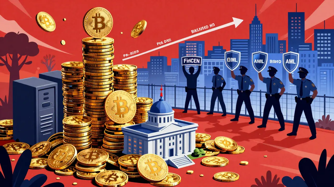Illustration showing seized Bitcoin coins and new regulations emerging after Silk Road shutdown.