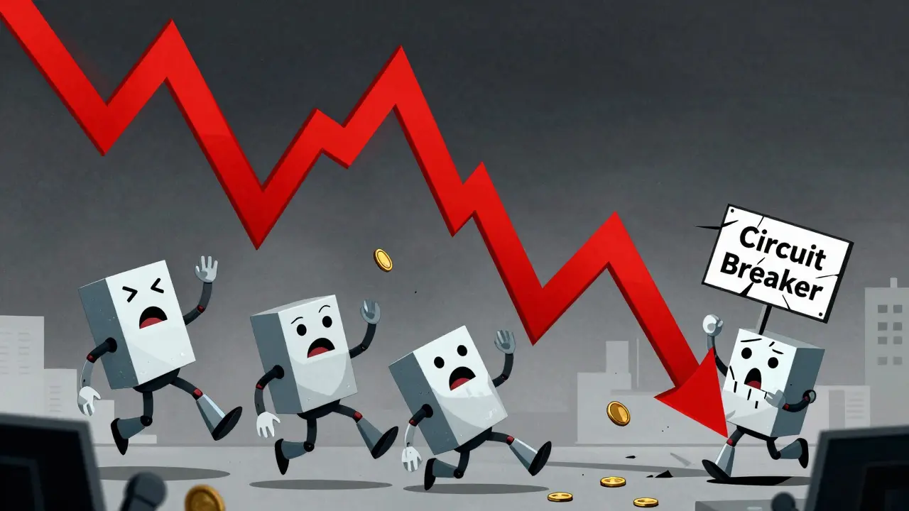 Robots slipping down a crashing crypto chart during volatility