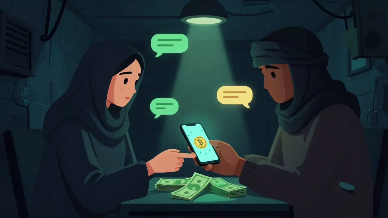 Secret underground crypto exchange between two people in a dark alley.
