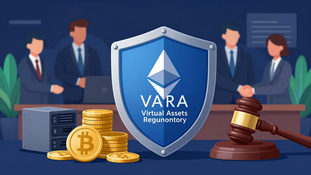 Shield protecting crypto assets and servers, symbolizing VARA regulation and trust
