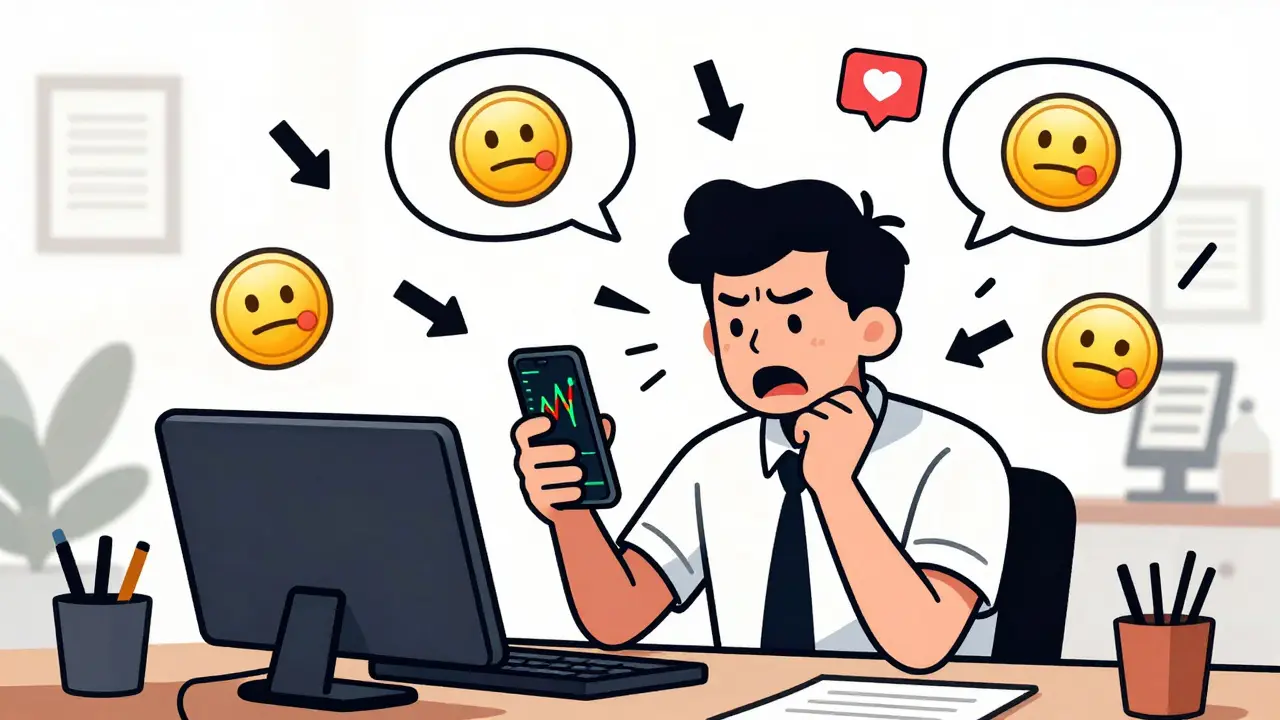 Stressed trader surrounded by meme icons and volatile charts