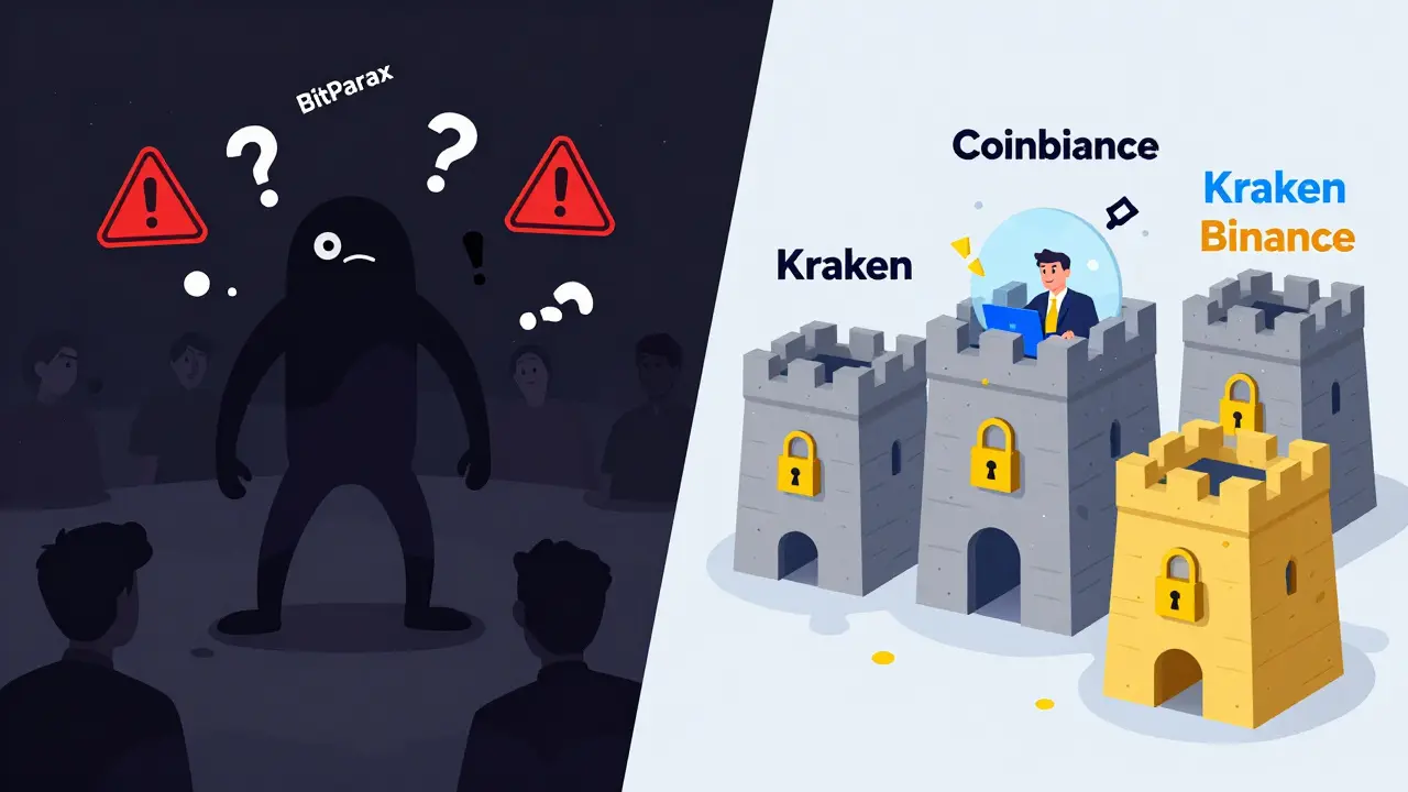 A comparative editorial illustration contrasting the chaotic, unsafe environment of an unregulated exchange like BitParax with the secure, fortified structures of major regulated platforms like Coinbase and Kraken.