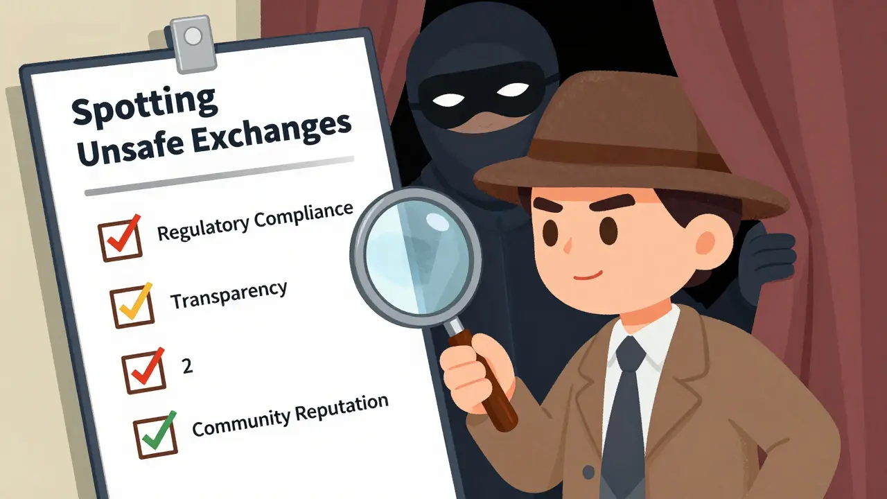 An editorial illustration depicting a user using a magnifying glass to check safety criteria for crypto exchanges, highlighting the importance of due diligence to avoid scams and unregulated platforms.