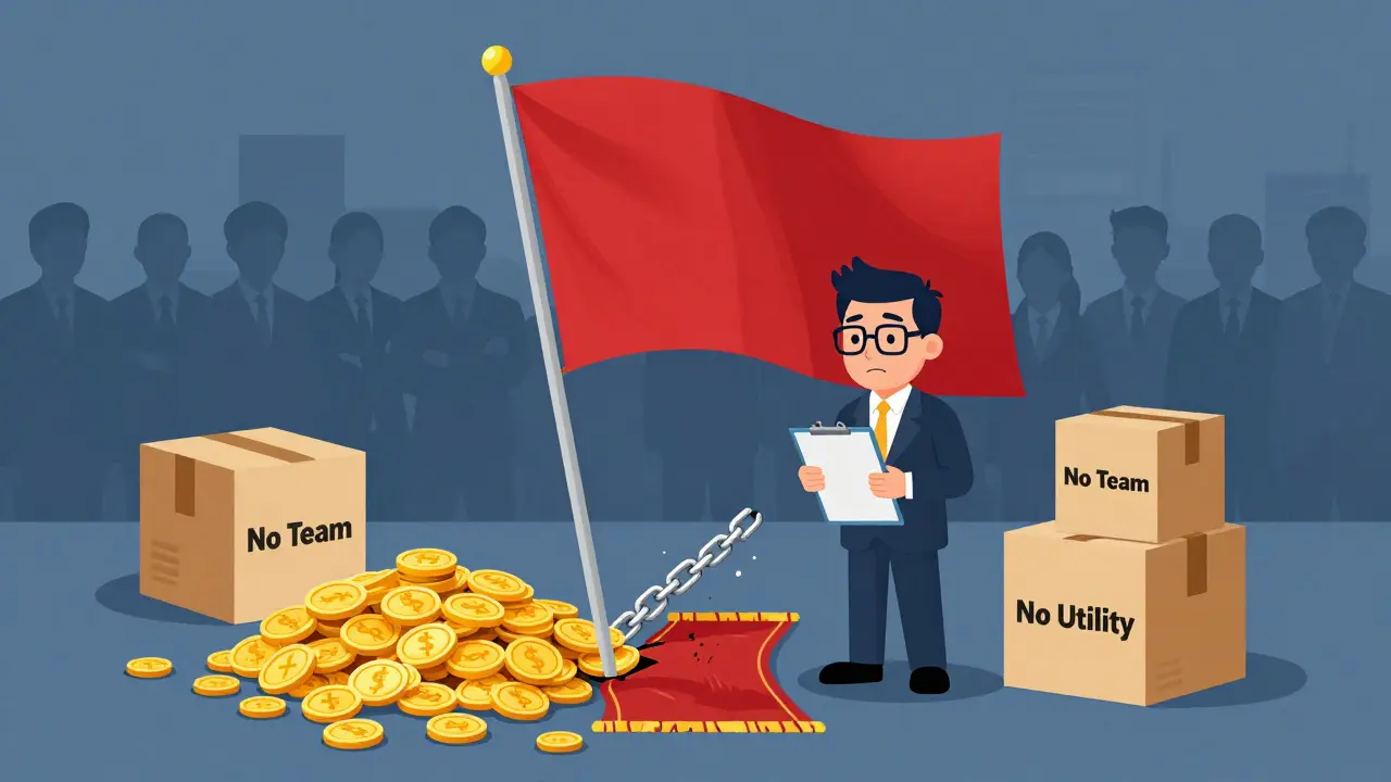 Analyst holding a red warning flag surrounded by scam symbols like rugs and broken chains.