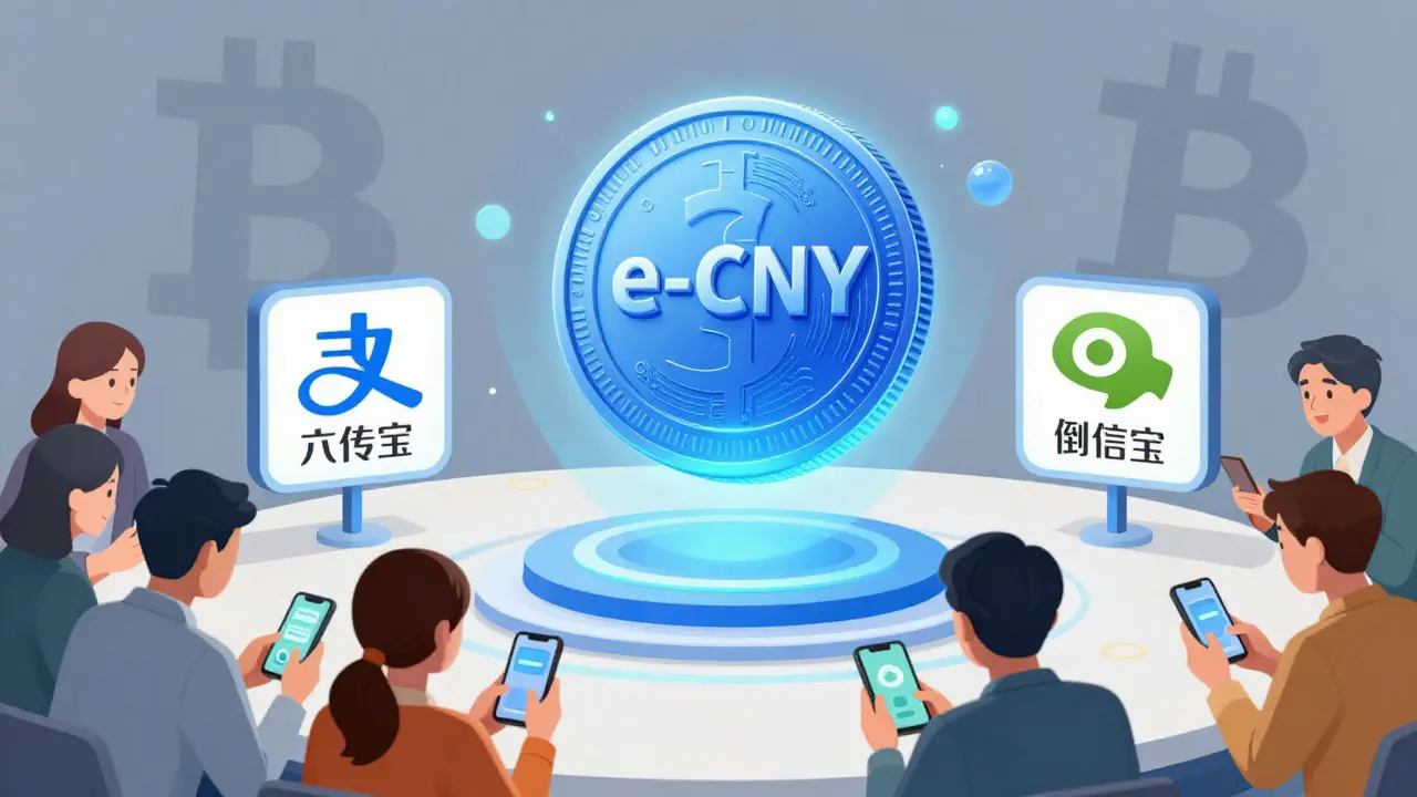 Cartoon depicting the rise of e-CNY and the marginalization of private cryptocurrencies.