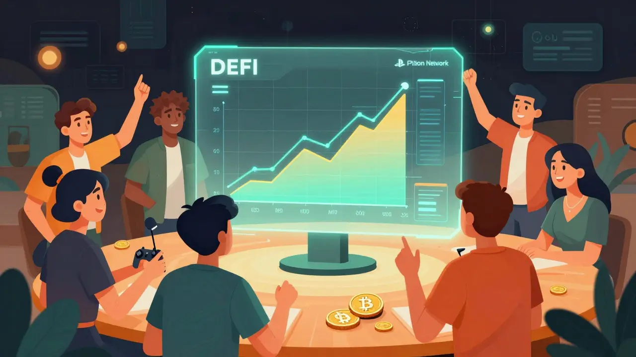 Cartoon of fans using crypto for entertainment tickets and gaming assets
