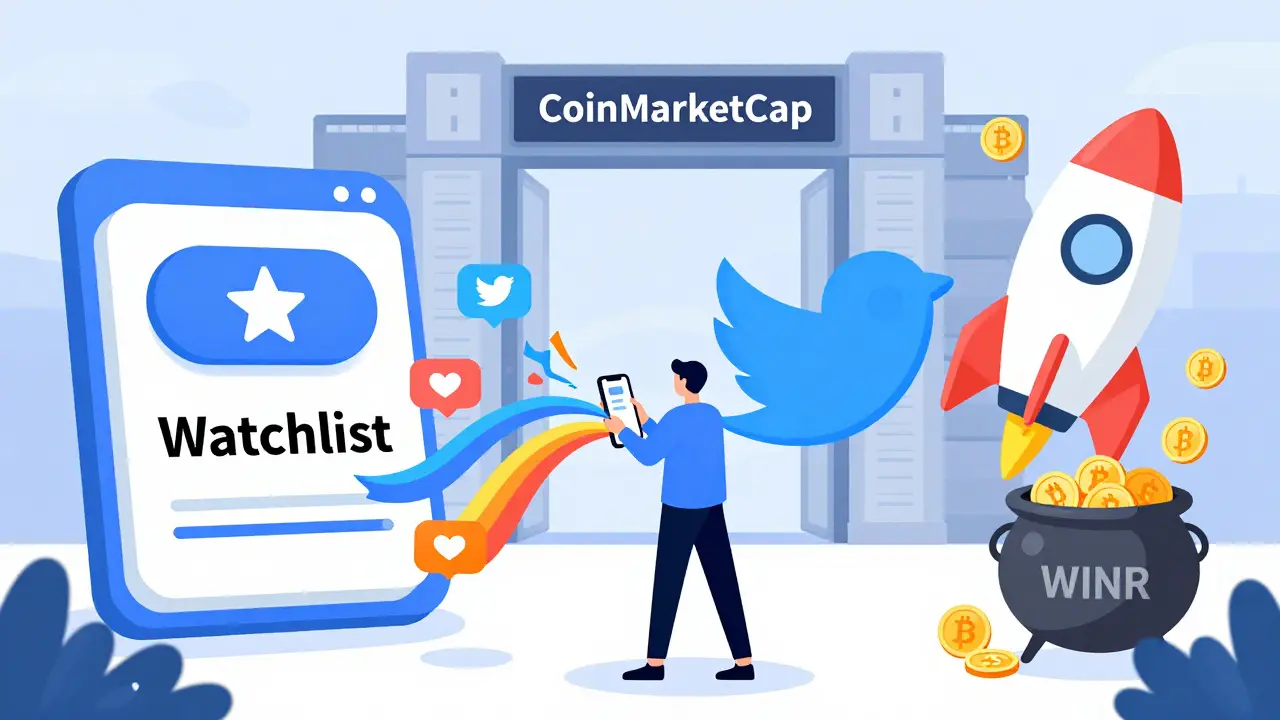 Cartoon showing user completing social media tasks for crypto airdrop entry