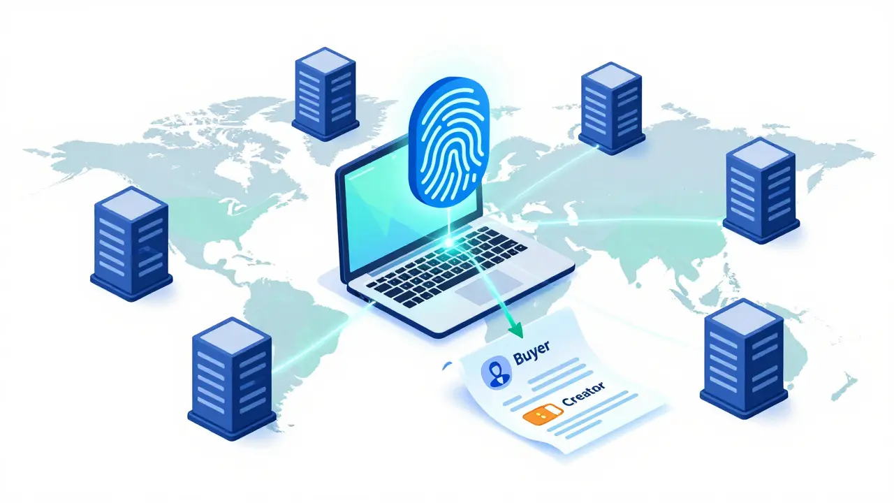 Conceptual diagram of blockchain nodes verifying digital fingerprints and automating royalties.