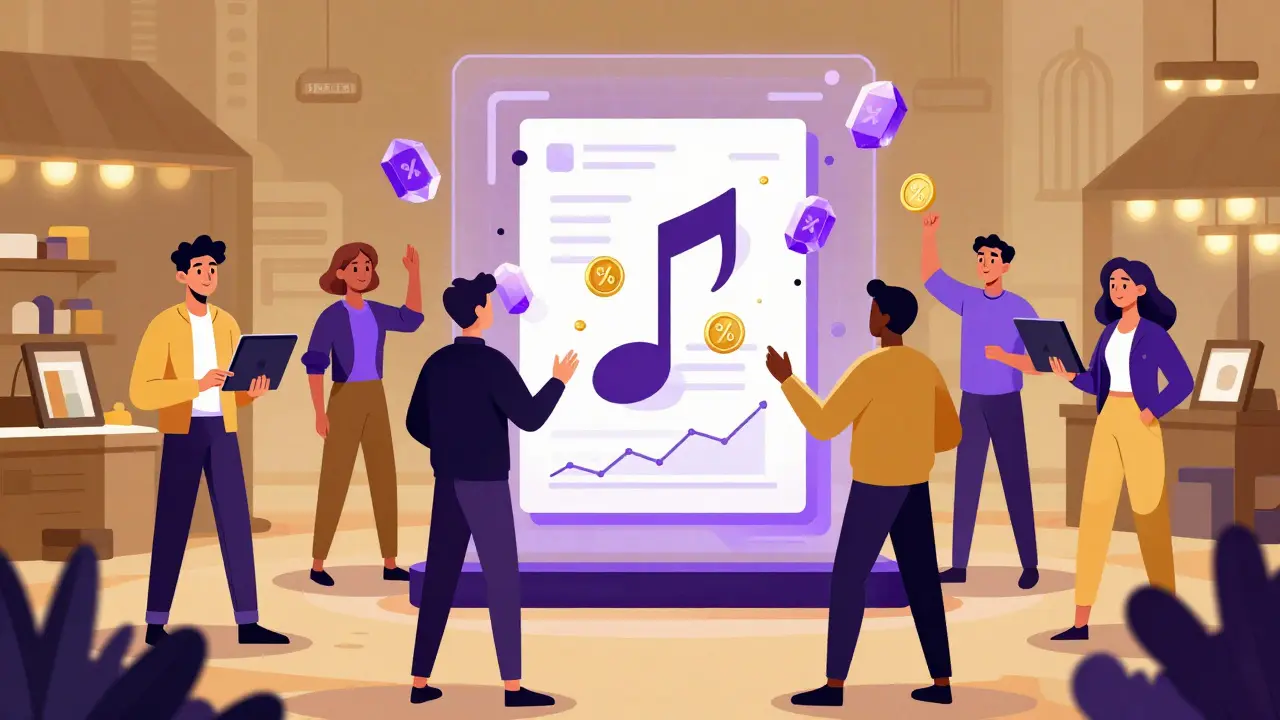 Creators and investors trading fractional NFT tokens in a futuristic digital marketplace.