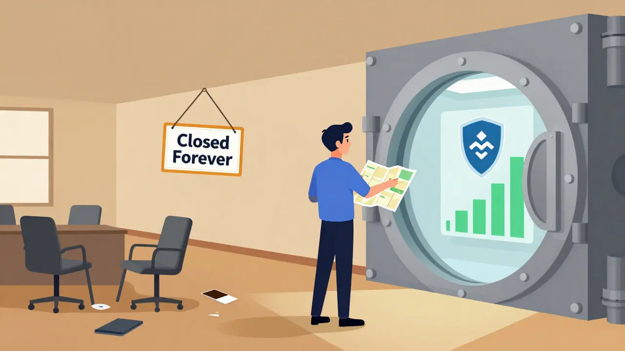 Editorial art comparing abandoned exchange office to secure crypto vault