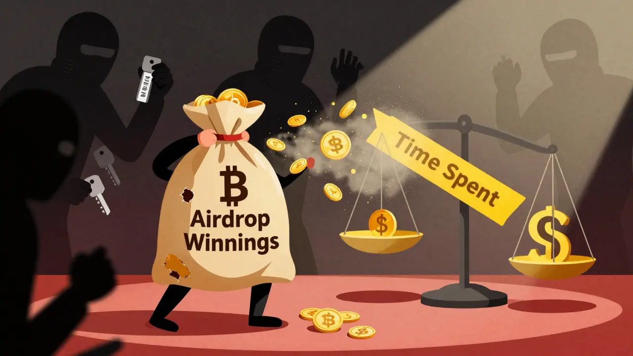 Editorial art depicting risks of low-value tokens and scam warnings in crypto