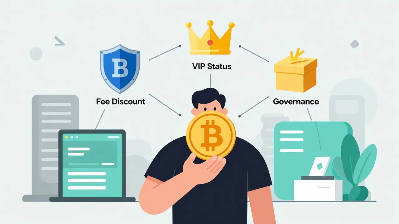 Editorial cartoon showing BIT token utilities like fee discounts, VIP status, and governance voting.