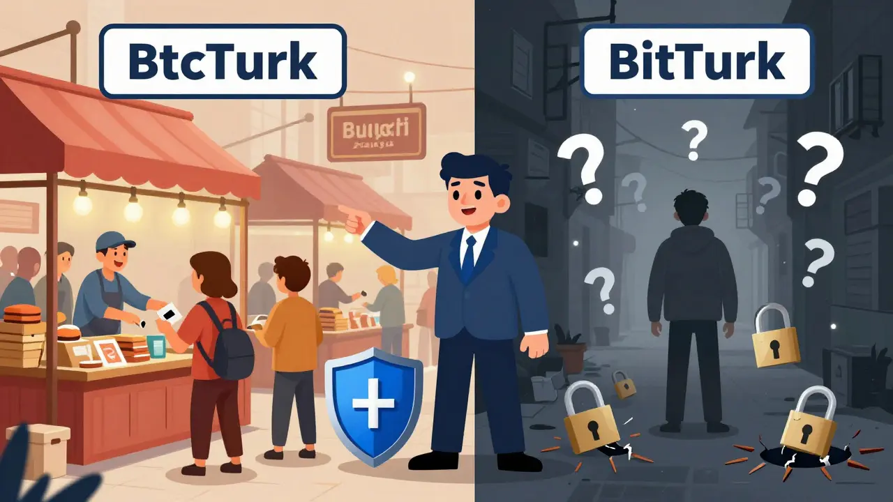 Editorial cartoon showing safe vs risky crypto trading environments