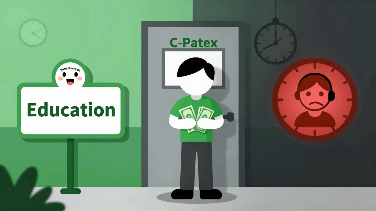 Editorial cartoon weighing C-Patex education against trust risks