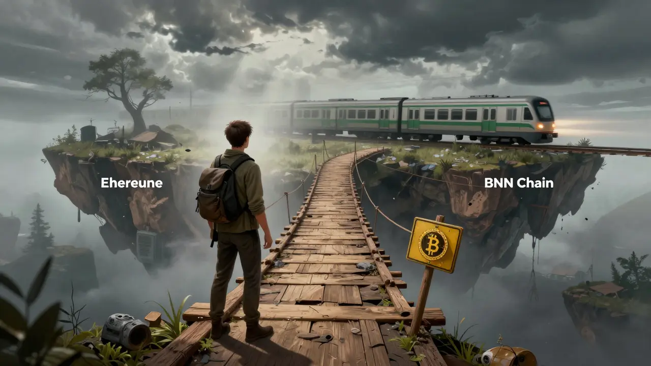 Explorer on a rickety bridge leading to an isolated crypto island