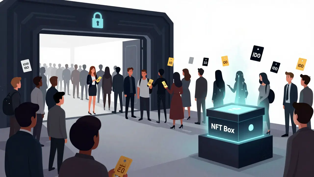 Gated VIP entrance for crypto airdrop hunters with mysterious NFT prize box