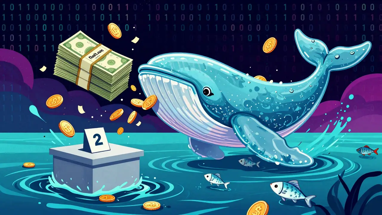 Graphic showing a whale manipulating DeFi votes using a massive flash loan