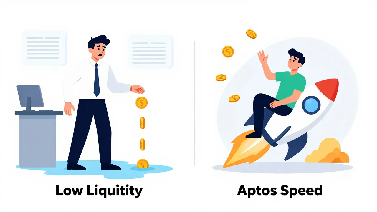 Illustration contrasting low liquidity slippage with fast, low-fee blockchain transactions.