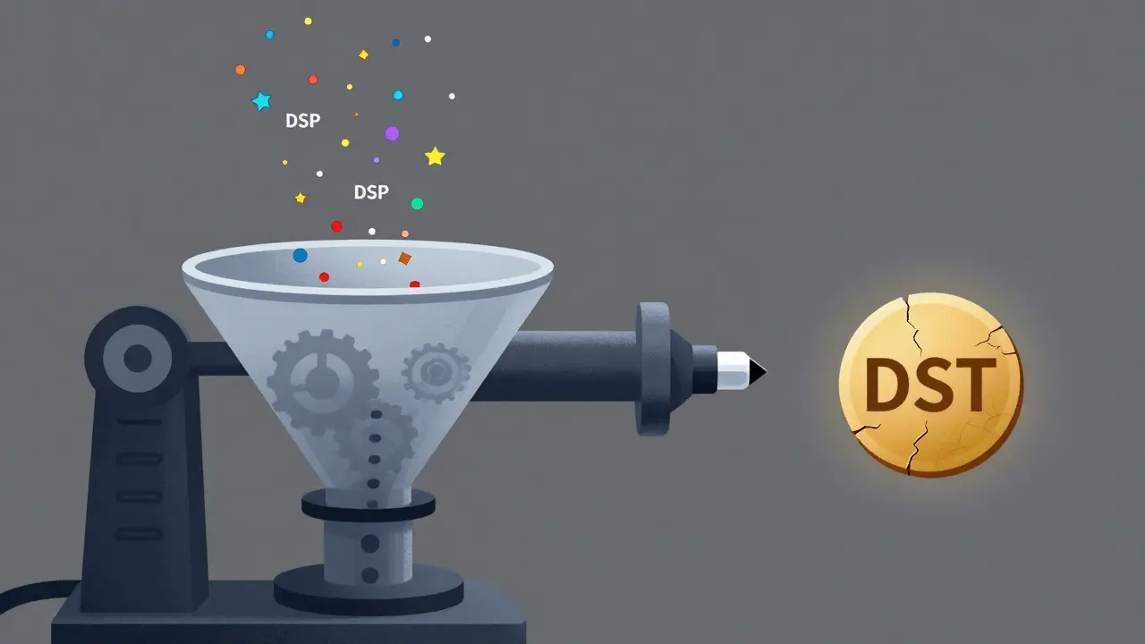Illustration of a funnel converting small points into a single cracked token